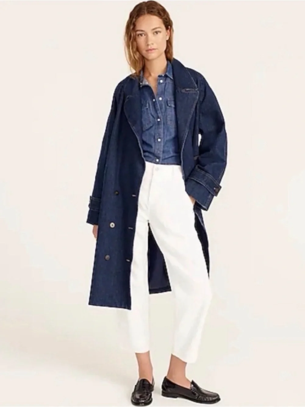 J. Crew Loose Oversized Minimal 70’s Relaxed Midi Dark Denim Trench Coat M